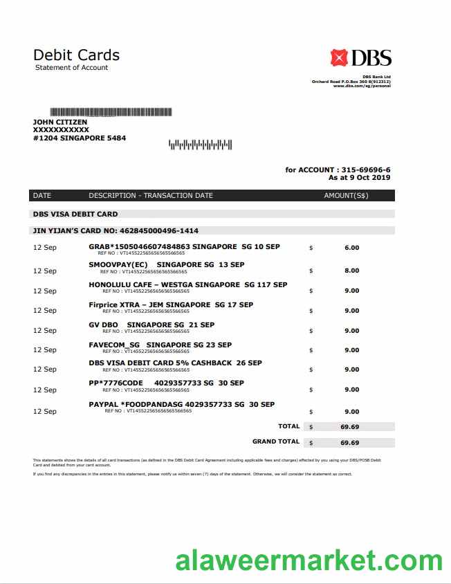 Singapore DBS bank proof of address statement template in .doc and .pdf format